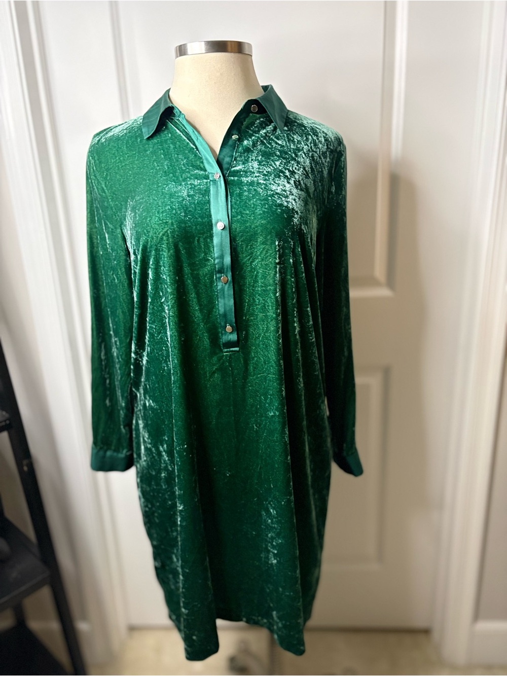 Talbots Emerald Green Velvet Long-Sleeve Shirt Dress